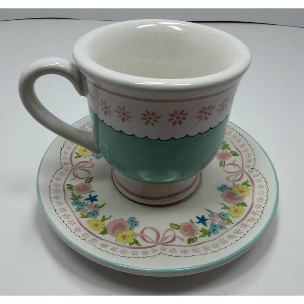 Yankee Candle Vintage Floral Pastel Ceramic Teacup & Saucer Tea Light Holder